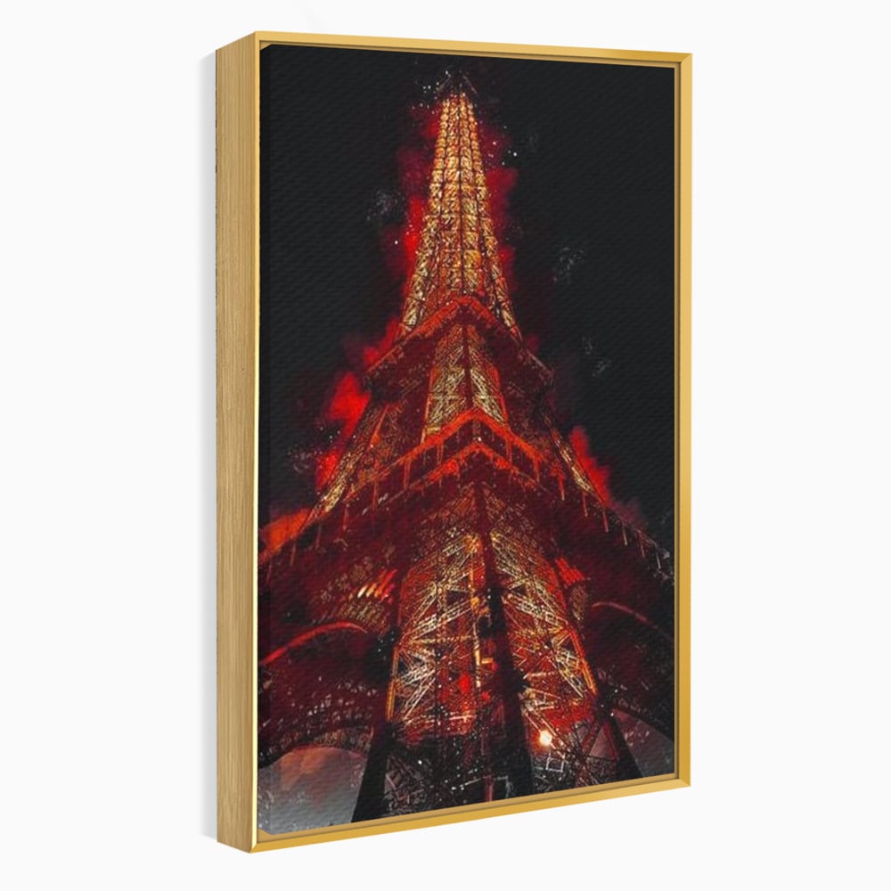 Tablou canvas cu tablou canvas cu turnul eiffel in nuante de rosu, in rama de aluminiu auriu